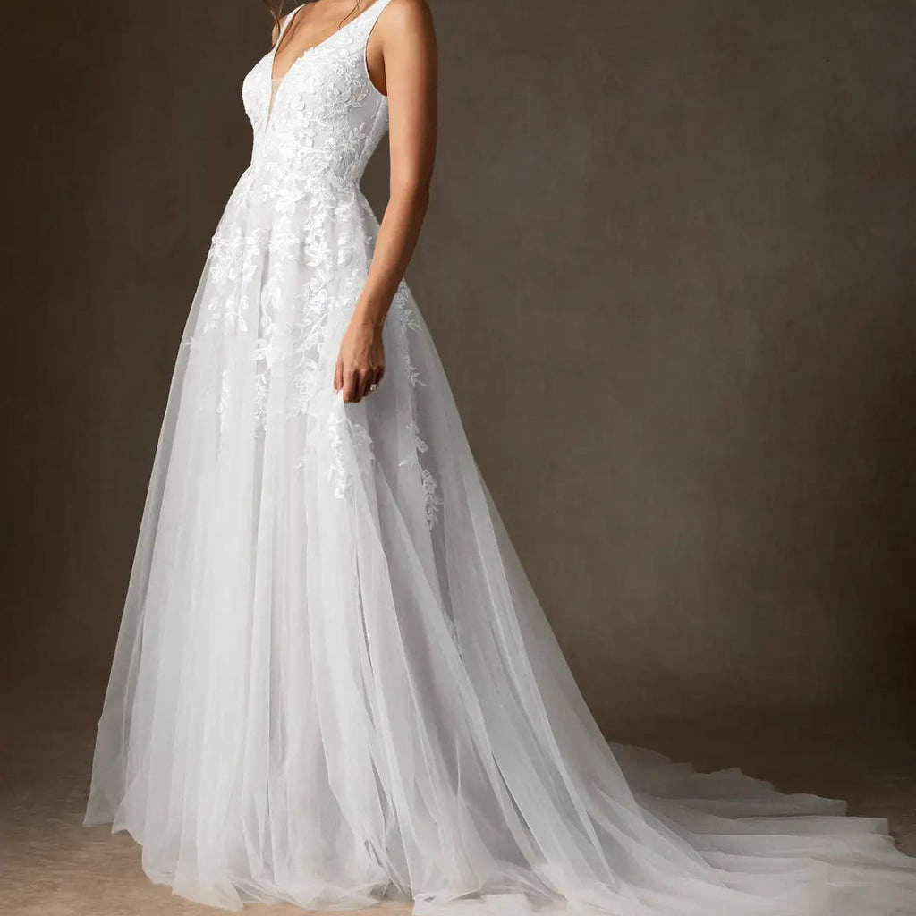 A Line V Neck Sequins Tulle Dress