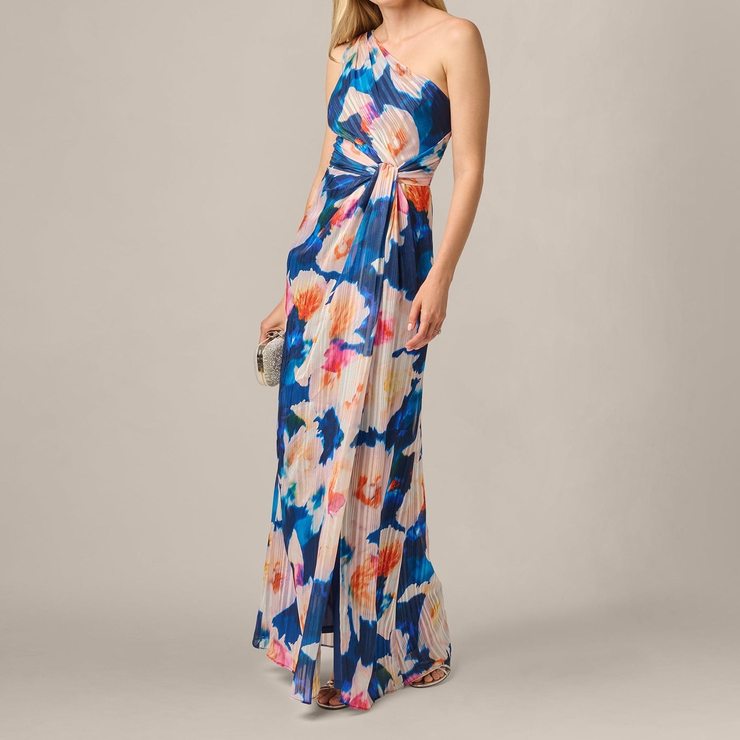 Floral Print Chiffon Gown With One Shoulder Neckline In Navy Blush
