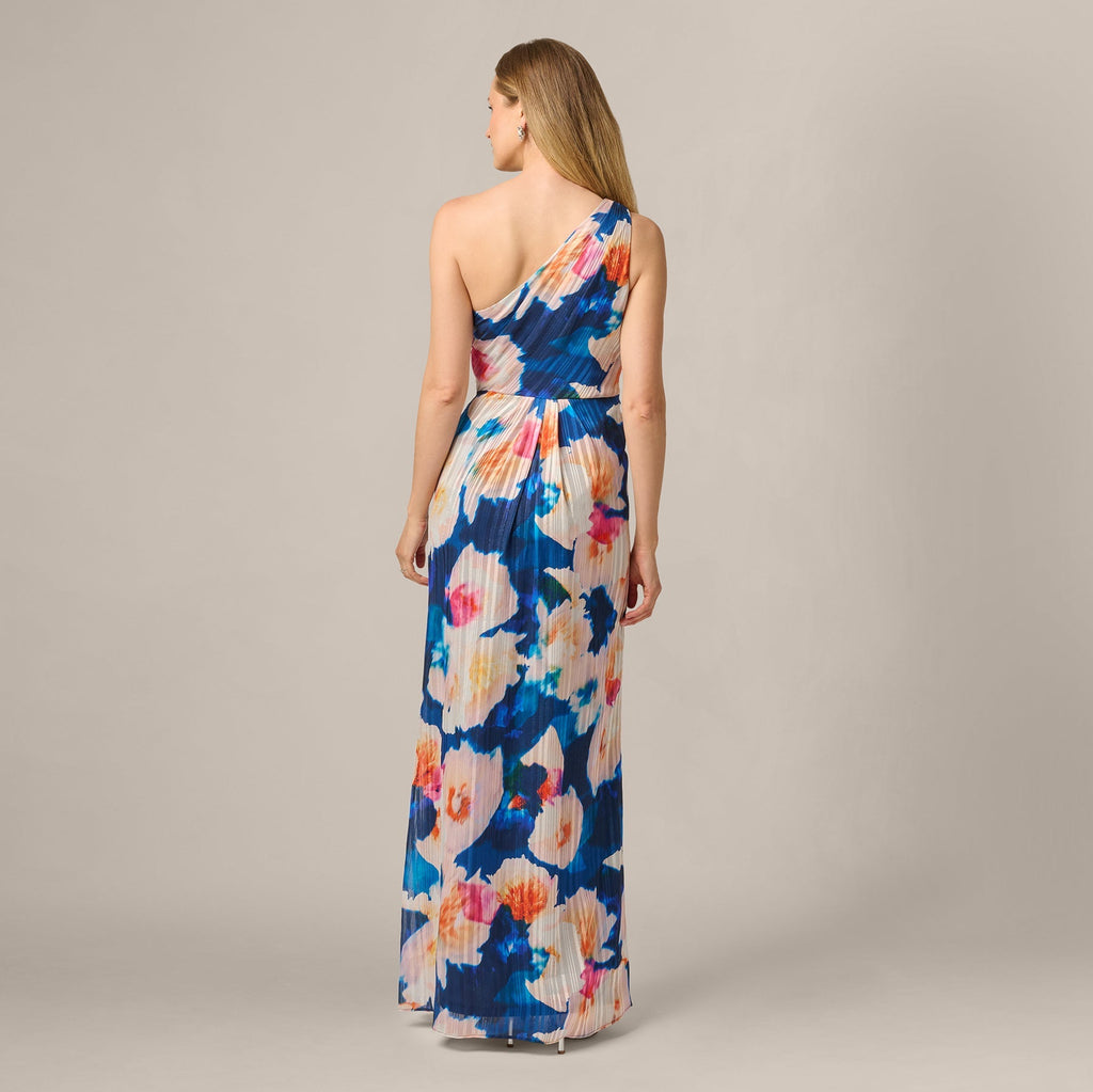 Floral Print Chiffon Gown With One Shoulder Neckline In Navy Blush