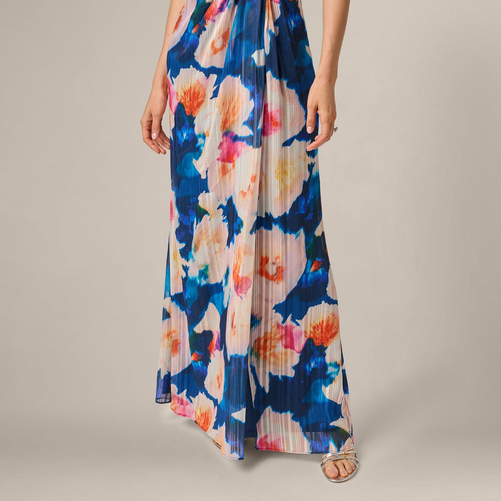Floral Print Chiffon Gown With One Shoulder Neckline In Navy Blush