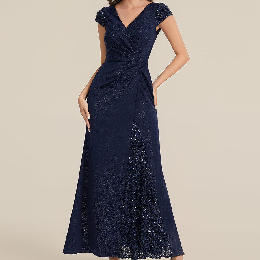 Knotted Knit Cap Sleeve Maxi Glitter Evening Dress