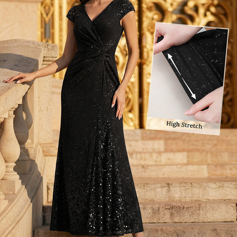 Knotted Knit Cap Sleeve Maxi Glitter Evening Dress