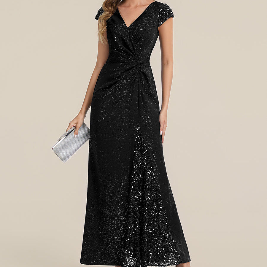 Knotted Knit Cap Sleeve Maxi Glitter Evening Dress