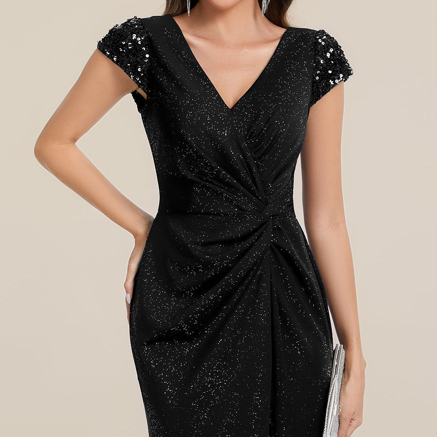 Knotted Knit Cap Sleeve Maxi Glitter Evening Dress