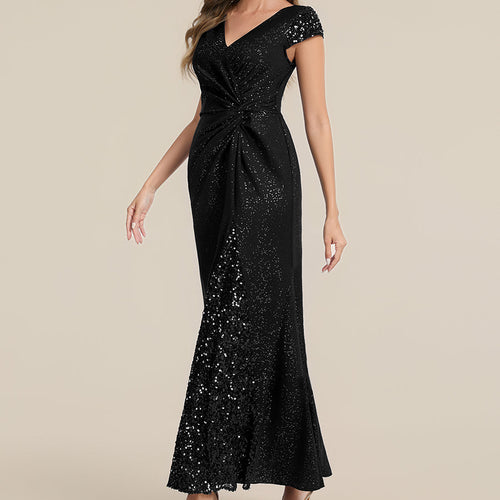 Knotted Knit Cap Sleeve Maxi Glitter Evening Dress