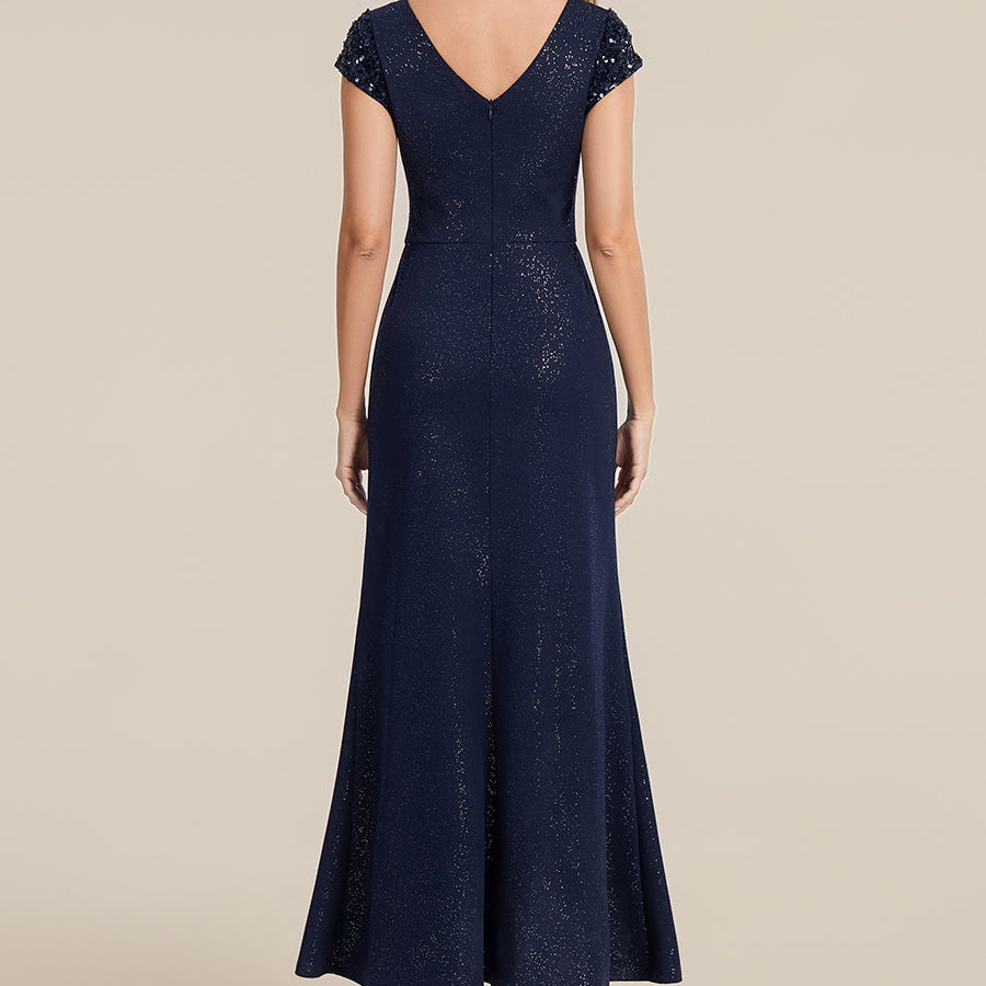Knotted Knit Cap Sleeve Maxi Glitter Evening Dress