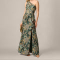 One Shoulder Jacquard Dress In Green Gold