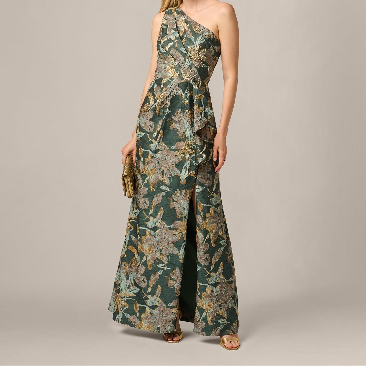 One Shoulder Jacquard Dress In Green Gold