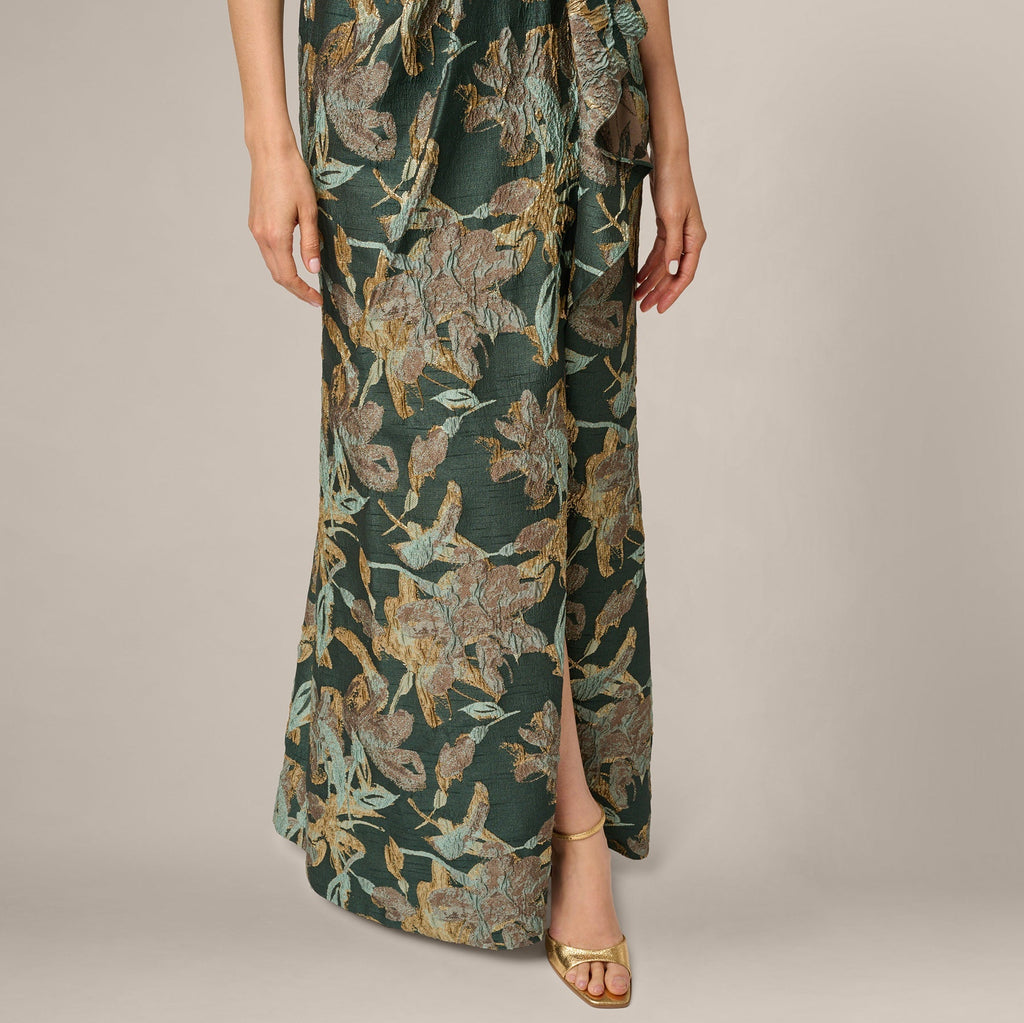One Shoulder Jacquard Dress In Green Gold