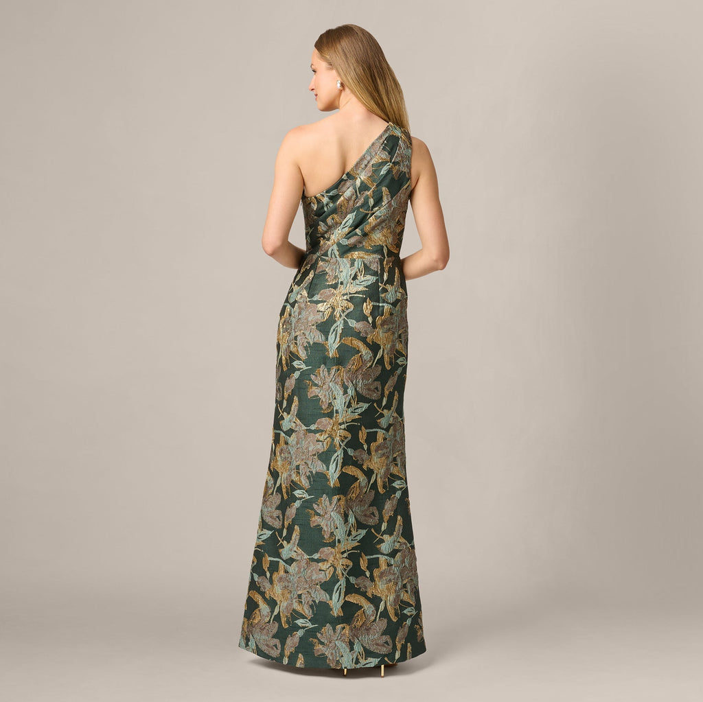 One Shoulder Jacquard Dress In Green Gold