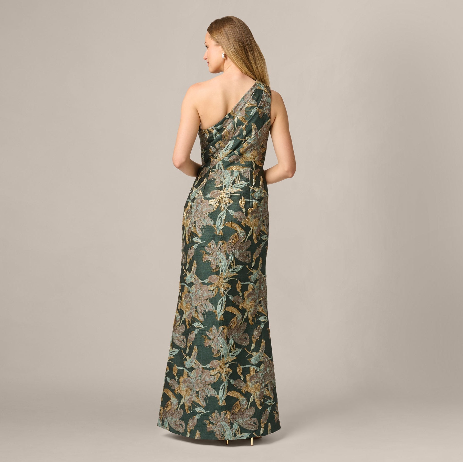 One Shoulder Jacquard Dress In Green Gold