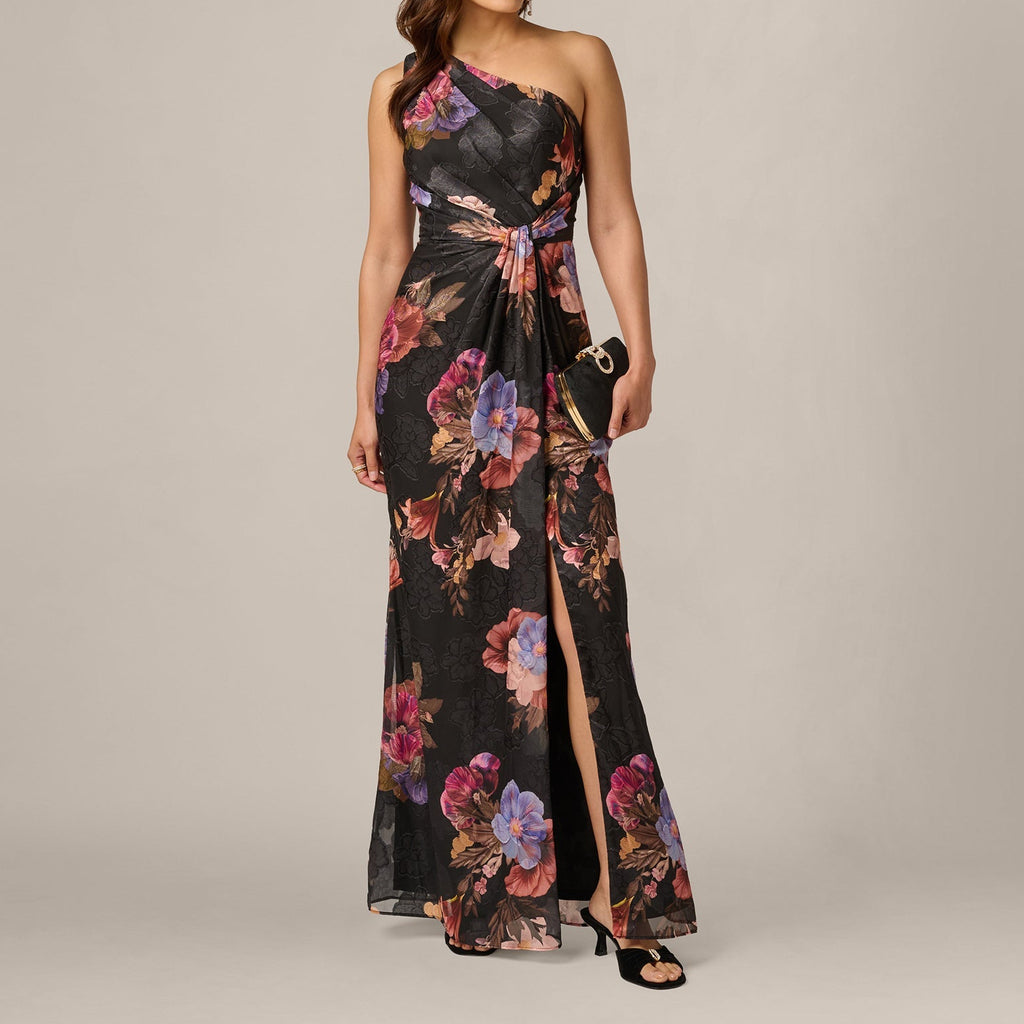 One Shoulder Knot Waist Floral Chiffon Gown In Black Multi