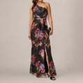 One Shoulder Knot Waist Floral Chiffon Gown In Black Multi