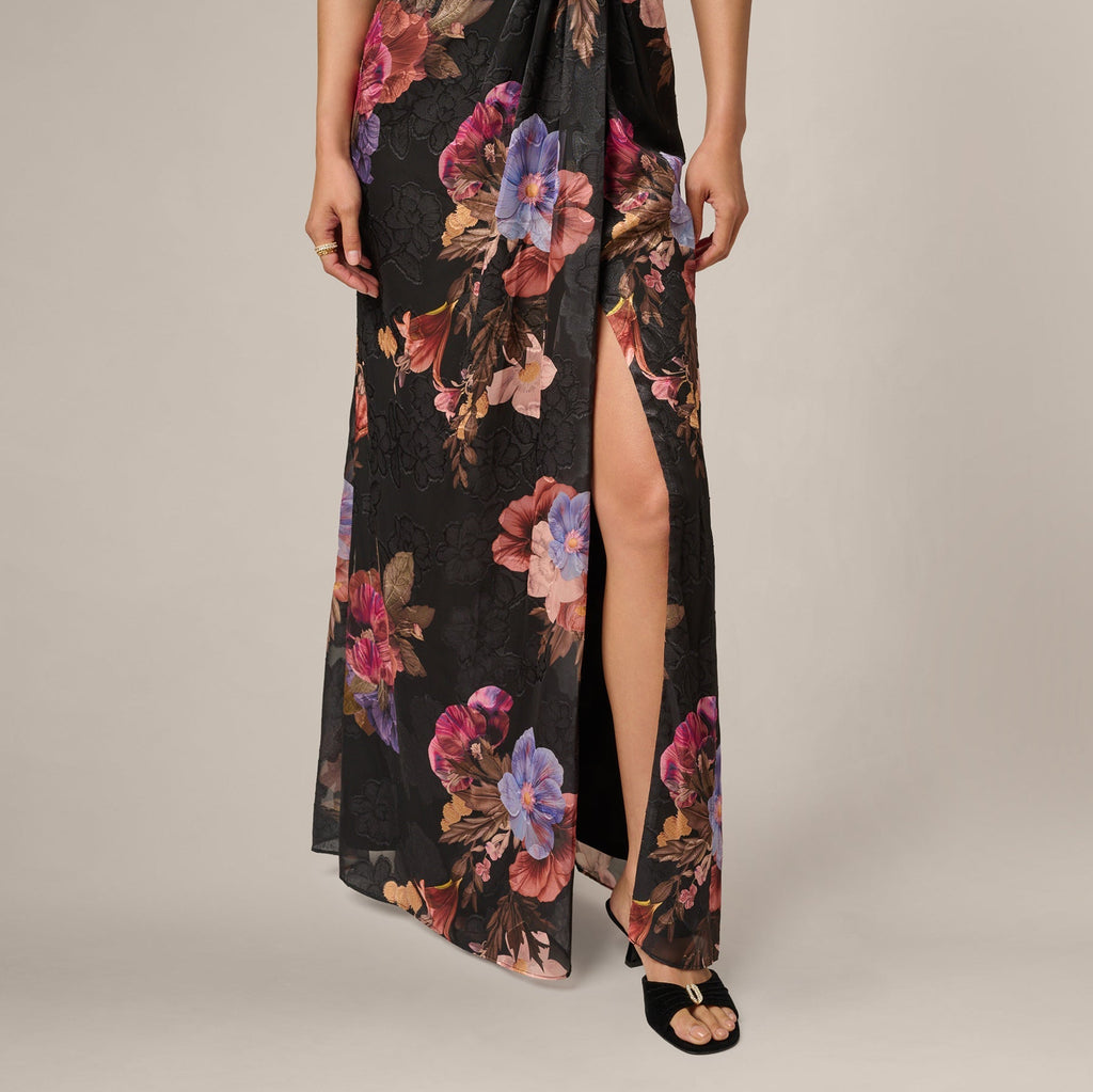 One Shoulder Knot Waist Floral Chiffon Gown In Black Multi