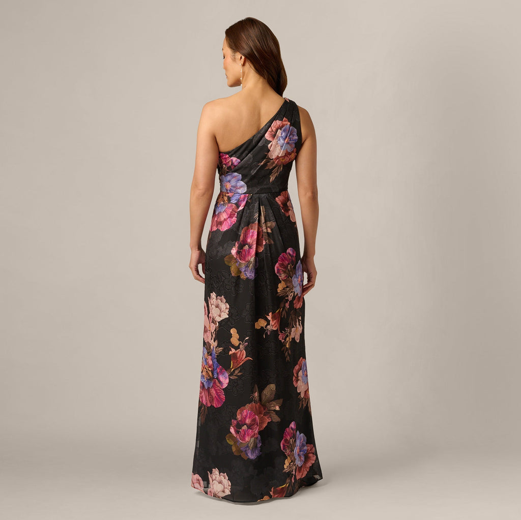 One Shoulder Knot Waist Floral Chiffon Gown In Black Multi