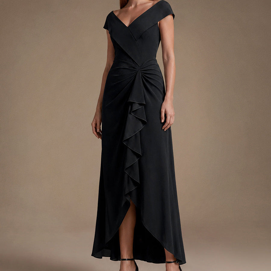 Ruffle Crepe Cap Sleeve Evening Dress