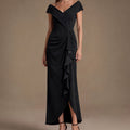 Ruffle Crepe Cap Sleeve Evening Dress