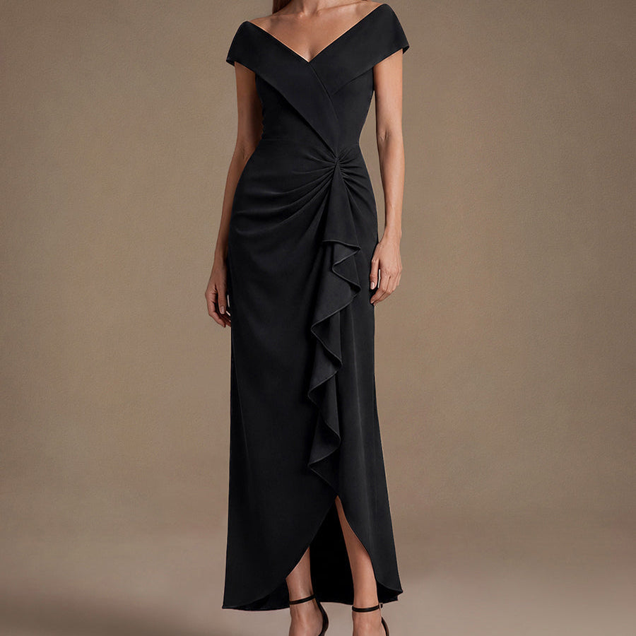 Ruffle Crepe Cap Sleeve Evening Dress