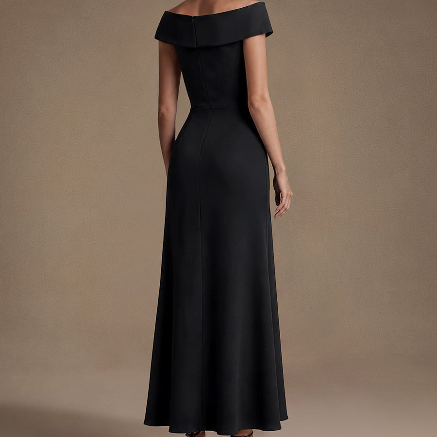 Ruffle Crepe Cap Sleeve Evening Dress