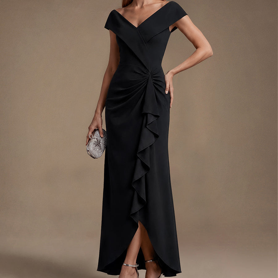 Ruffle Crepe Cap Sleeve Evening Dress
