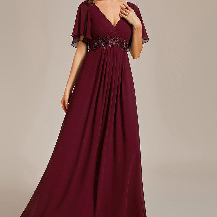 Ruffled Sleeve Chiffon Long Formal Evening Dress