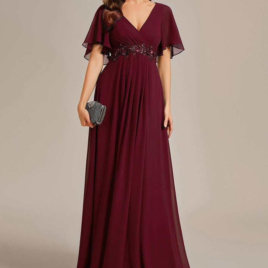 Ruffled Sleeve Chiffon Long Formal Evening Dress