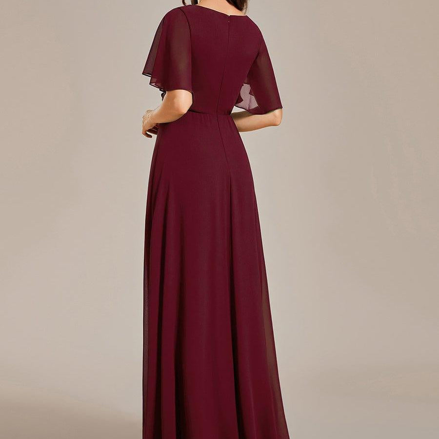 Ruffled Sleeve Chiffon Long Formal Evening Dress