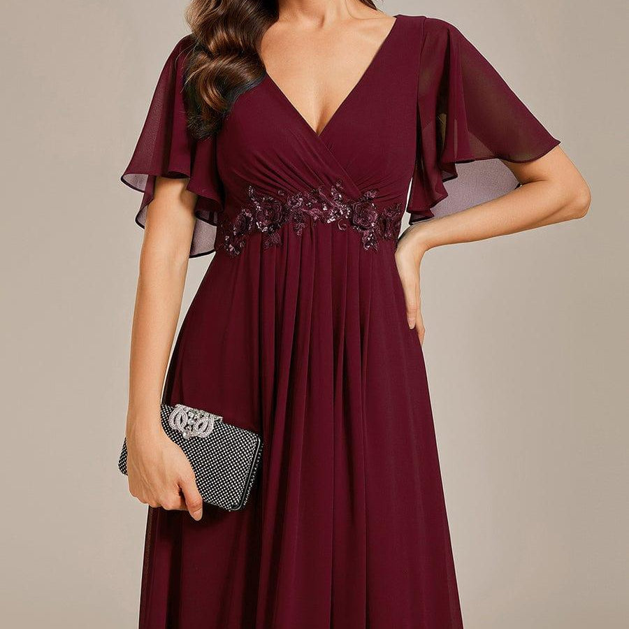 Ruffled Sleeve Chiffon Long Formal Evening Dress